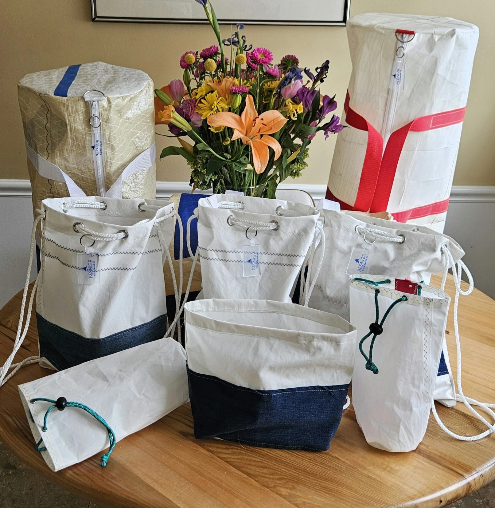 Sailcloth bags on wooden table