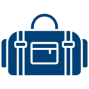 Blue duffel bag icon on black background.