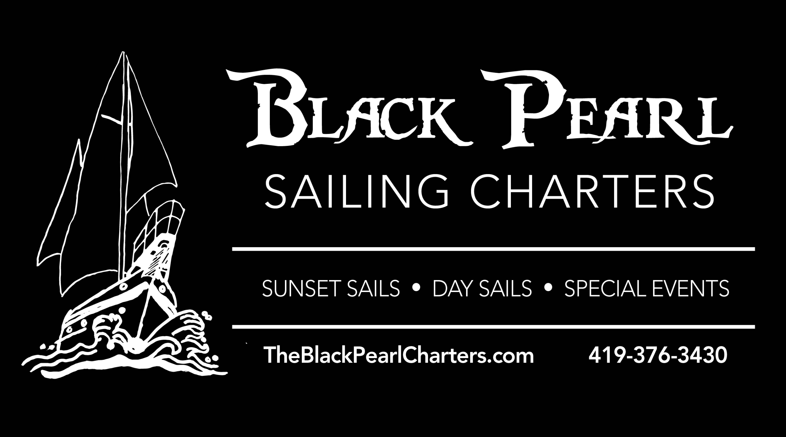Logo for Black Pearl Sailing Charters with sailing options and website.