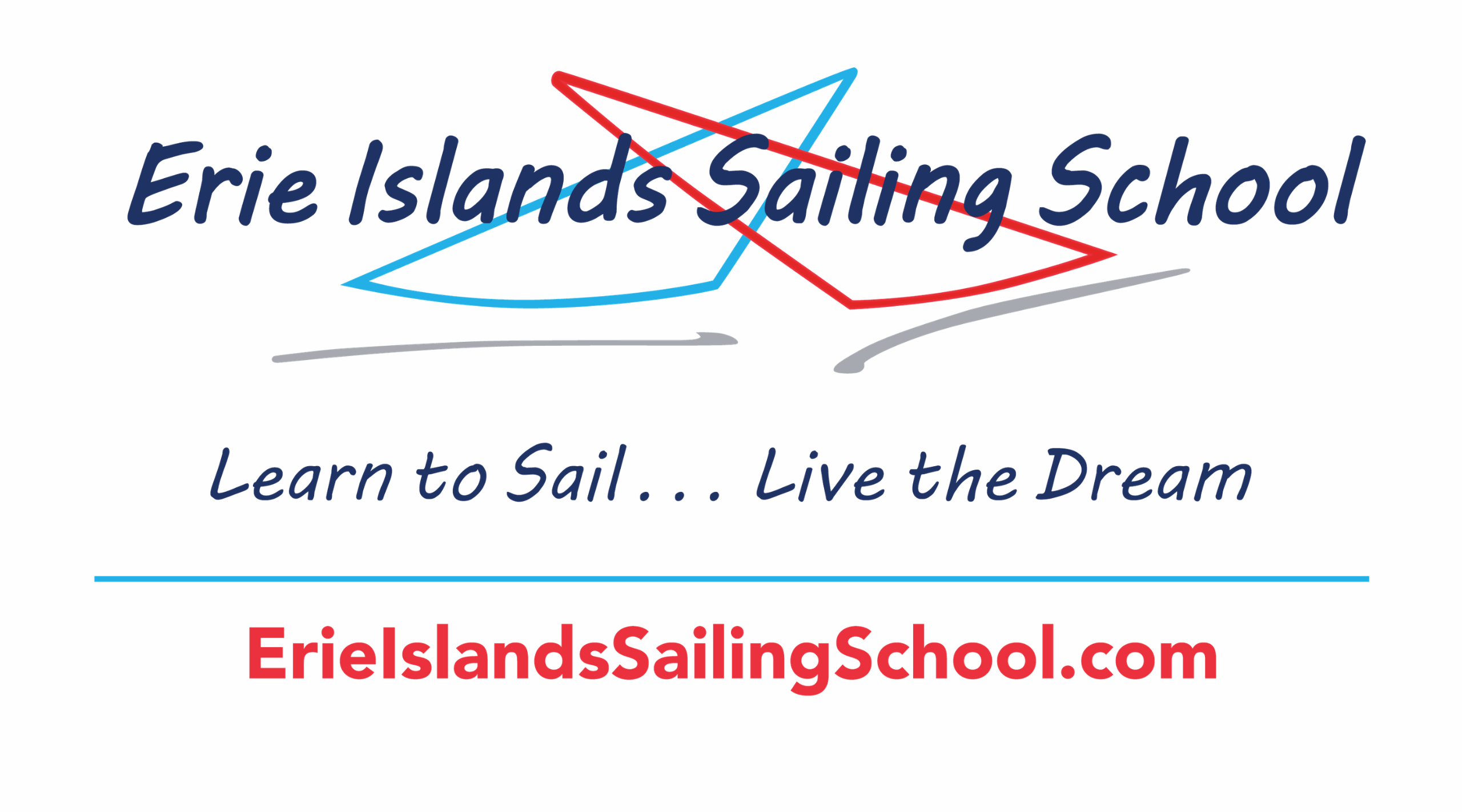 Logo for Islands Sailing School with red and blue scribbles crossing it out.